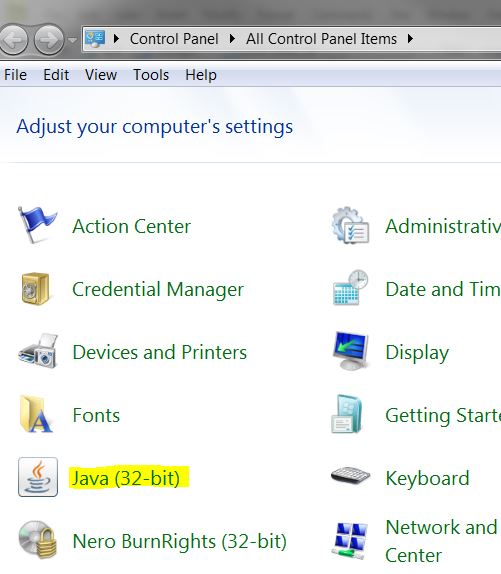 Java in the Control Panel - Windows